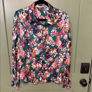 entro Teal Floral Button-Down Blouse with Pink & Orange Accents